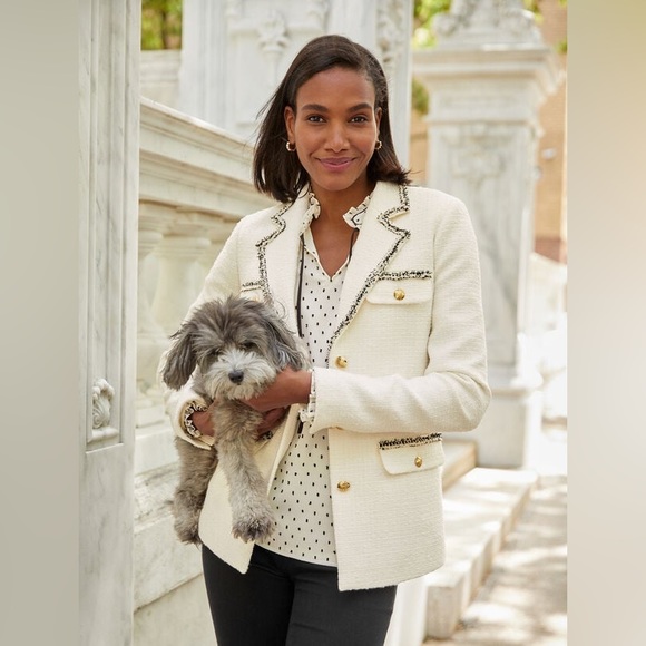 EUC Talbots Cream Tweed Blazer w/ Fringe Trim - Picture 3 of 17
